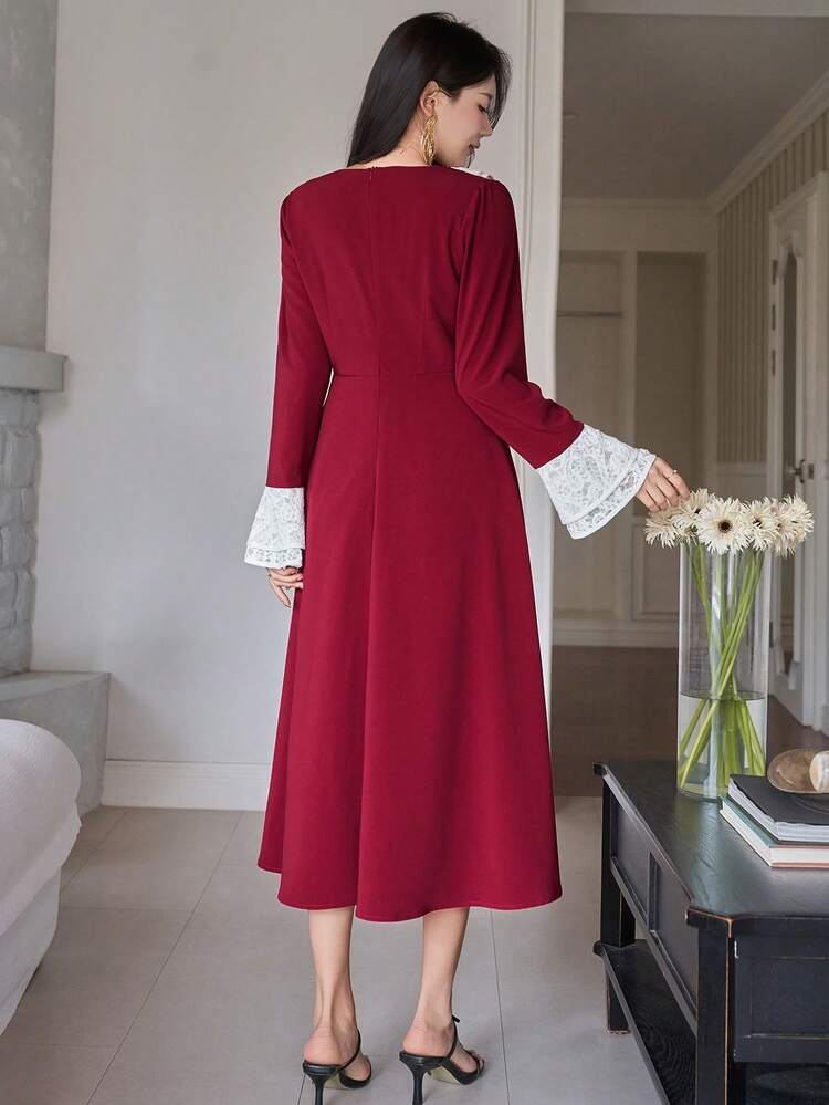 Women's Elegant Contrast Color Lace Patchwork Ruffle Flare Sleeve Mini Dress, Spring/Summer Wedding Guest Dress Sundress