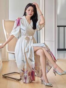 DAZY 女士优雅印花长连衣裙，翻领、泡泡袖、腰带设计，夏季婚礼宾客礼服 - 紅色 - 查看 4