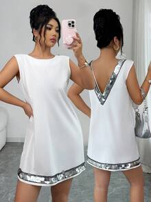 SHEIN Raffinéa Women's Sleeveless V-Neck Sequin Embellished Elegant Minimalist Short Dress White Mini Dress White Sequin Dress Sleeveless White Dress Women Mini Dresses White Club Dress - White - View 1