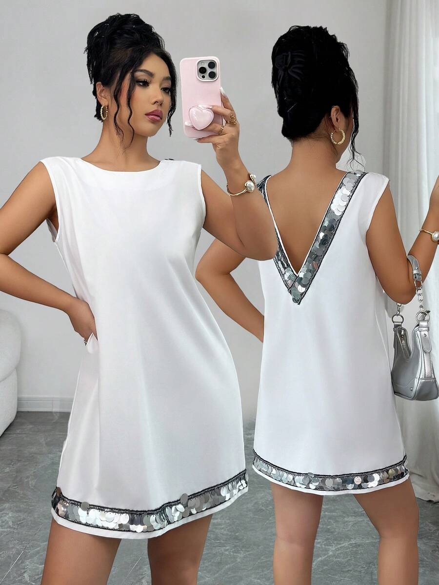SHEIN Raffinéa Women's Sleeveless V-Neck Sequin Embellished Elegant Minimalist Short Dress White Mini Dress White Sequin Dress Sleeveless White Dress Women Mini Dresses White Club Dress - White - View 1