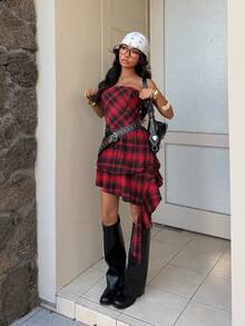 SHEIN HypeZone Plaid Ruffle Hem Crop Top Stylish Summer Mini Dress - Multicolor - View 3