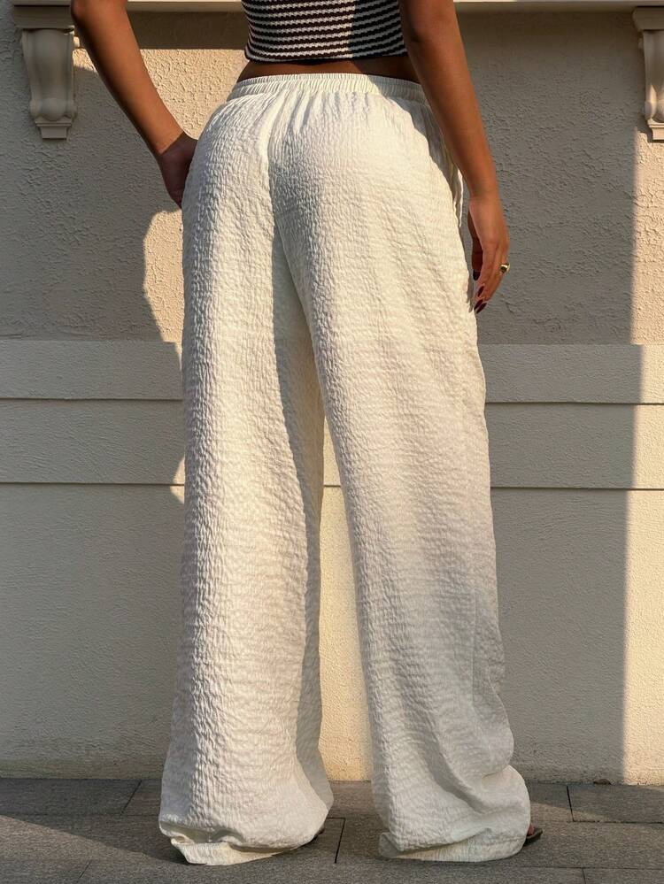 SHEIN EZwear 白色编织抽绳阔腿休闲家居裤 - 白色 - 查看 2