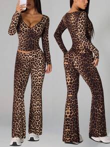 SHEIN PETITE 2 Pieces Women Leopard Print Casual Top And Pants Set Leopard Set - Brown - View 2