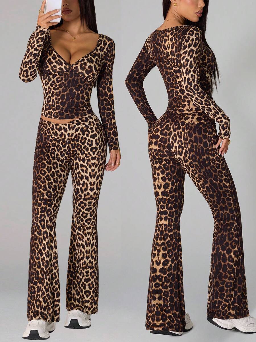 SHEIN PETITE 2 Pieces Women Leopard Print Casual Top And Pants Set Leopard Set