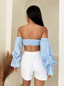 BamGleam 女士条纹印花扭结前襟露肩休闲百搭长袖衬衫 - 藍色 - 查看 2