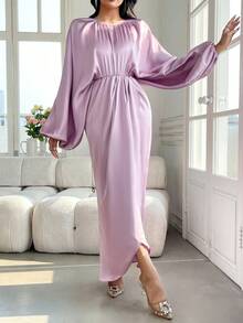 Modelyn Women's Solid Color Minimalist Elegant Long Sleeve Dress, Casual Everyday Wear Tea Party Lilac Purple Autumn - Lilac Purple - View 5