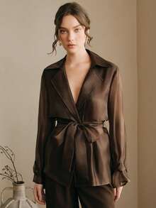 Anewsta 摩卡棕色时尚翻领系腰带修身短款夹克，百搭显瘦长袖，春夏款 - 摩卡棕 - 查看 5