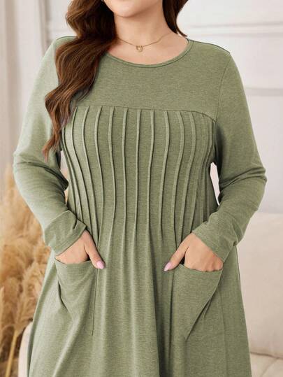 Lacomfia Vestido casual cómodo y suave de manga larga con pliegues y bolsillos, de estilo minimalista y de moda, en tono azul difuminado, elástico y de talla grande para mujeres