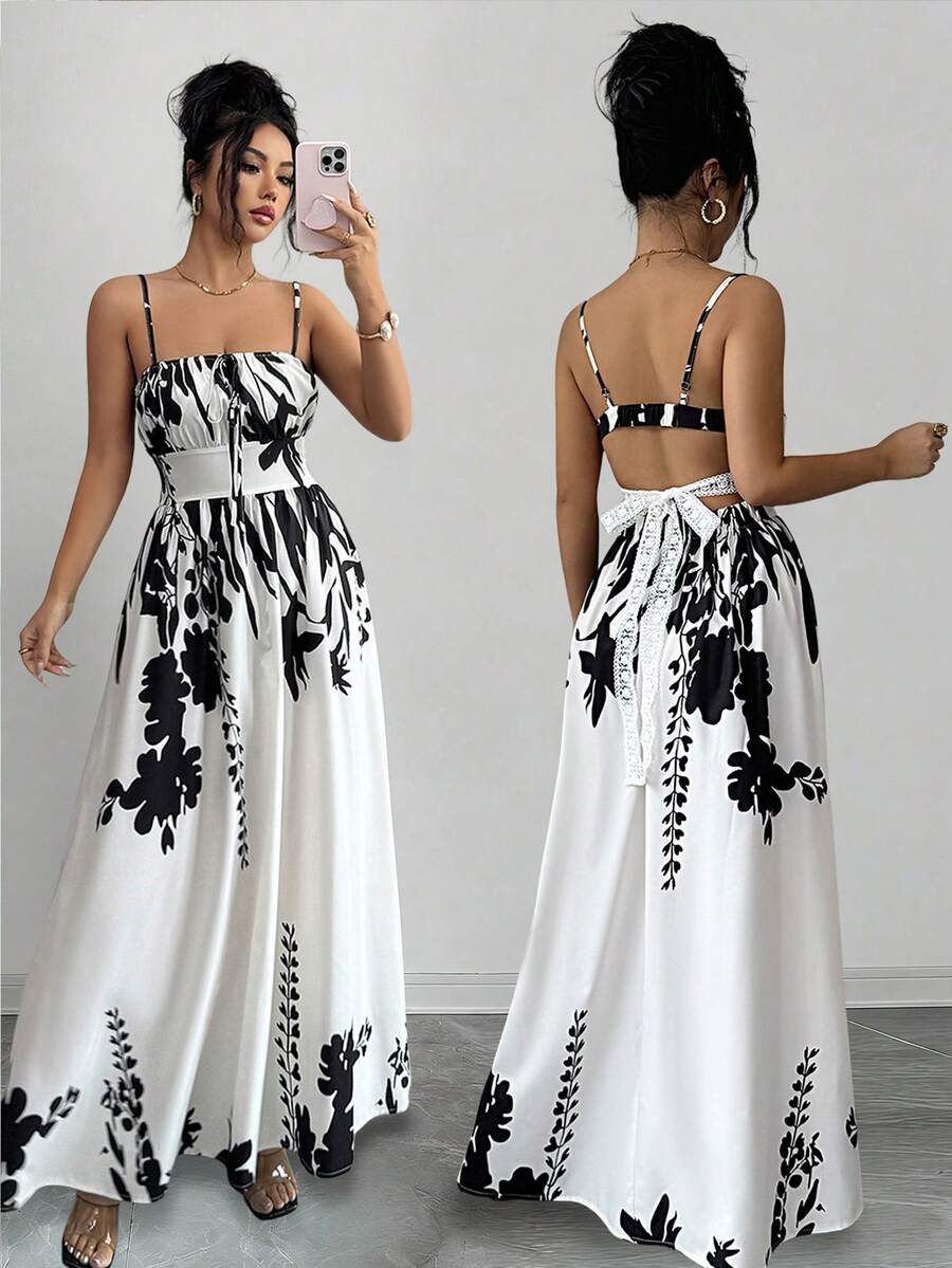 SHEIN Raffinéa Women's Summer Sleeveless Dress, Elegant For Commuting, Backless, Lace Trim - Apricot - View 1