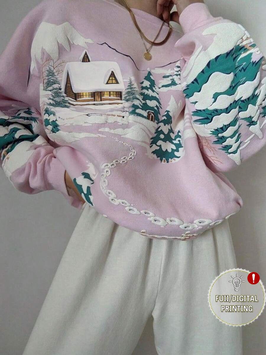 EMERY ROSE Women's Winter Tree & Forest Print Crew Neck Sweatshirt - Multicolor - View 1