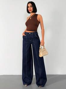 SHEIN High Waist Sewing Detailed Wideleg Jean - Dark Wash - View 5