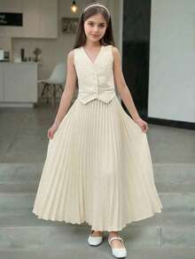 Firerie Kids 少女杏色吊带背心上衣和百褶A字裙套装，通勤休闲时尚 - 杏色 - 查看 1