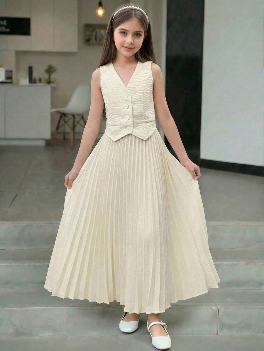 Firerie Kids 少女杏色吊带背心上衣和百褶A字裙套装，通勤休闲时尚 - 杏色 - 查看 1