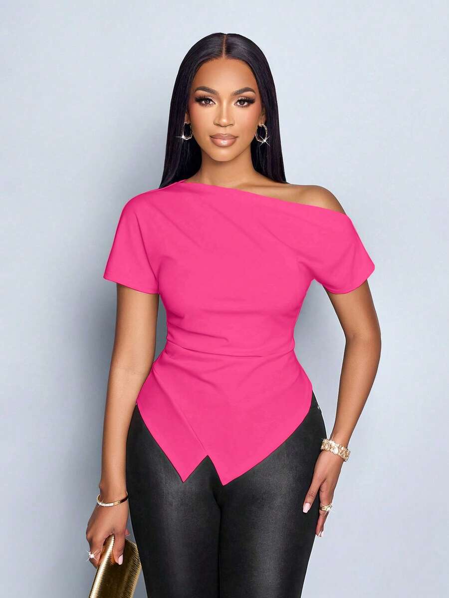 SOLERSUN 女士优雅不对称领口褶皱不对称下摆T恤 - 粉色 - 查看 1