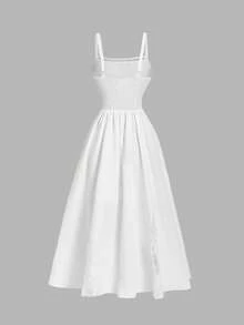 SHEIN MOD Đầm hai dây thanh lịch màu trơn phối ren dành cho nữ - trắng - Xem 6