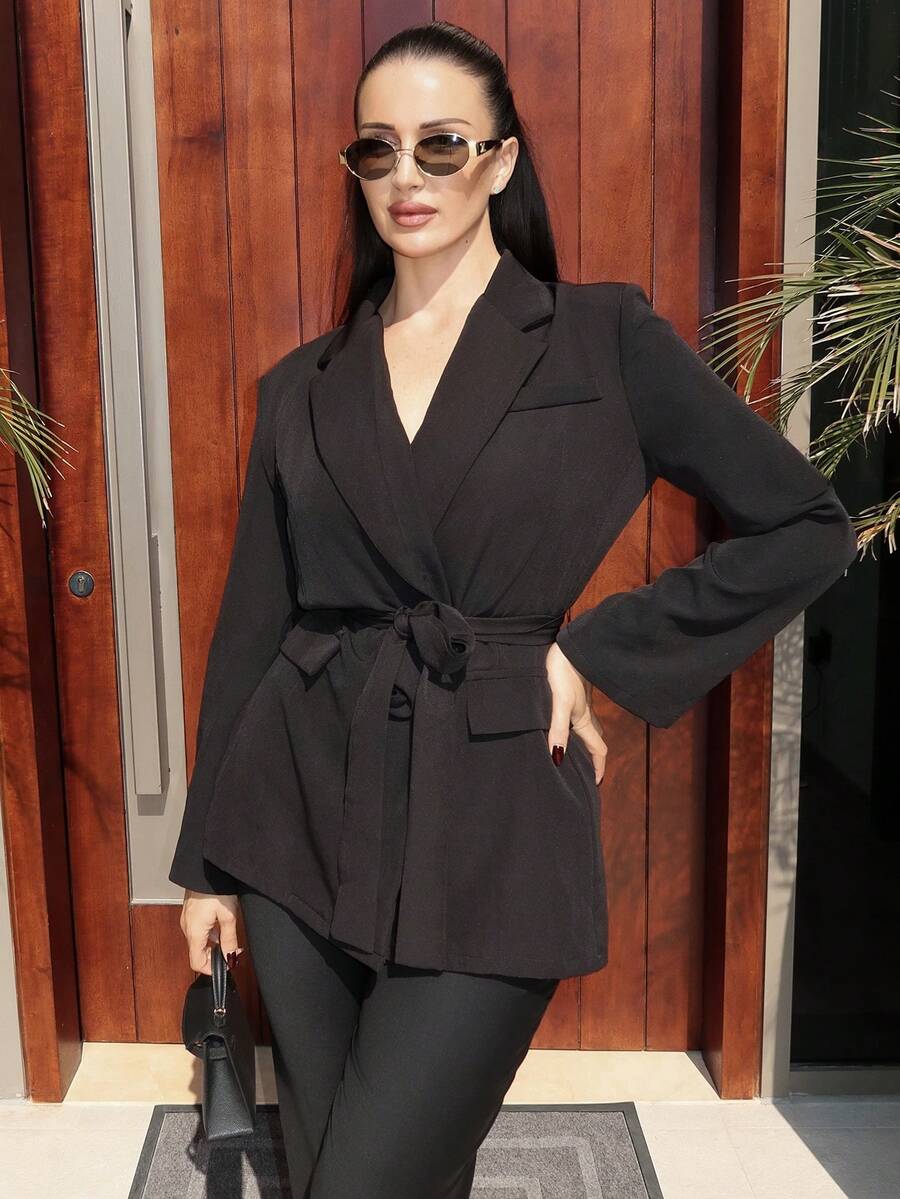 MDEdit Notched Collar Belted Blazer Dress In Fall/Winter - Black - View 1