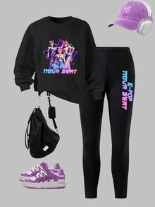 两件套韩流印花上衣，女童圆领卫衣和打底裤套装，时尚休闲，适合秋冬季穿着 - 彩色 - 查看 2