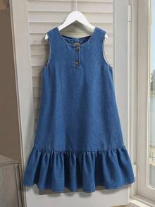 SHEIN Sparklyn Girls' Sleeveless Denim Dress With Ruffled Hem, Fashionable, Spring/Summer - Blue - View 5