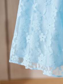 Cute Yellow Lace Trim A-Line Dress With Flutter Sleeves For Toddler Girls, Soft & Adorable Design Suitable For Family Gatherings And Outdoor Activities, Spring/Summer - Baby Blue - View 3