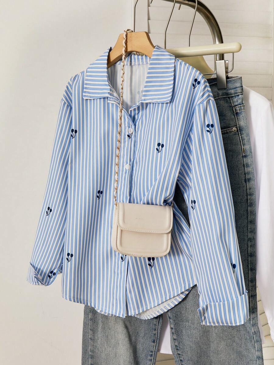 SHEIN 1pc Girls Cherry Stripe Blue Collared Long Sleeve Button-Up Shirt, Suitable For Spring/Summer - Blue - View 1