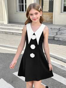 SHEIN Tween Girl Floral Decor Contrast Collar Sleeveless Black And White Dress,Summer Cute Modest Elegant Evening Party Formal Kids Mother Daughter Outfit - Black - View 7