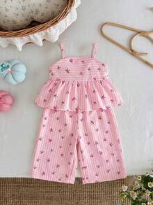 SHEIN 2件套女婴编织条纹蝴蝶结装饰吊带背心和长裤套装 - 彩色 - 查看 6