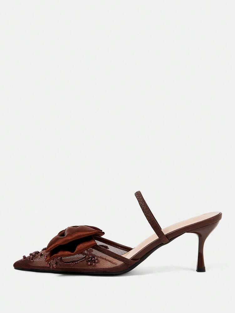 CUCCOO HITCHD Women Shoes Four Seasons New Embroidery Bow Beaded Pointed Toe Thin Heel High Heel Mesh Women's High Heel Shoes Instep With Dew Heel Shoes Elegant Elegant Fashion Wedding Valentine's Day Tea Elegant Wear Valentine's Day Elegant Shoes Wedding Shoes Summer Shoes Bride Shoes