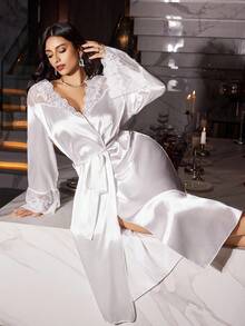 SilkySpell Plus Size Elegant Romantic Sexy Embroidered Lace Trim Satin Robe - White - View 6