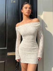 Aloruh 女士优雅不对称提花修身迷你连衣裙，侧边褶皱开衩抽绳长袖迷你连衣裙，适合约会、夜间外出、夏季、蜜月旅行、婚礼宾客等场合。也适合海岛度假、婚礼宾客、太阳裙、优雅派对连衣裙、生日礼服、情人节礼服、婚礼及活动、婚礼派对礼服、白色连衣裙等场合。 - 白色 - 查看 2