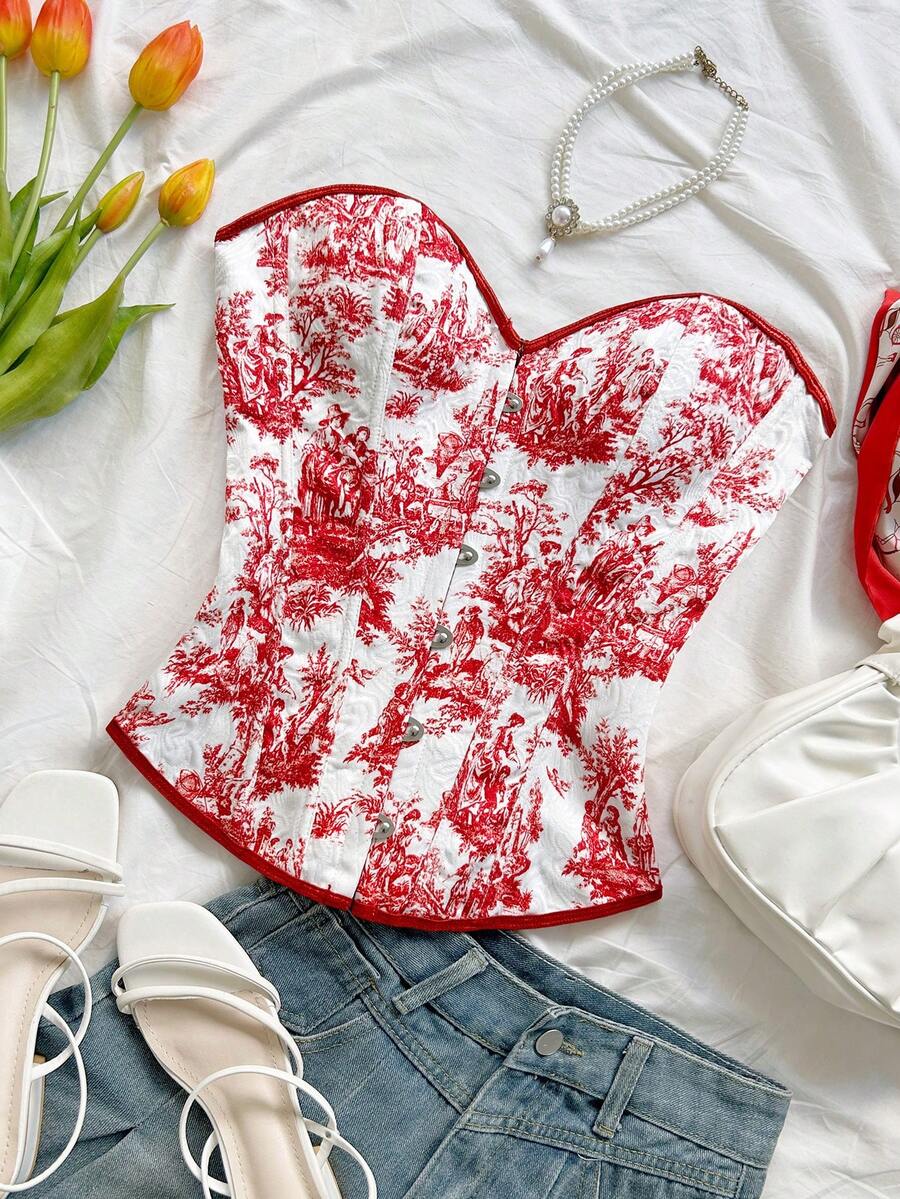 Soleia ملابس علوية قصيرة مزينة بطبعات زهرية ملونة على طراز القصر الرجعي، مع أزرار وربطة خلفية - ابيض واحمر - مشاهدة 1