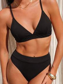 Swim Basics Summer Beach Rib Triangle High Waisted Bikini - Black - View 1