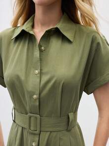 BizChic Women's Solid Color Button Front Slant Pocket Short Sleeve Dress, Urban Commute Business Casual Elegant Formal Party Dress For Halloween, Christmas, Gatherings - Army Green - View 4