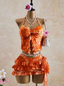 Bellisia Women's All-Over Print Ruffled Halter Neck Bikini Set With Skirt - Multicolor - View 7