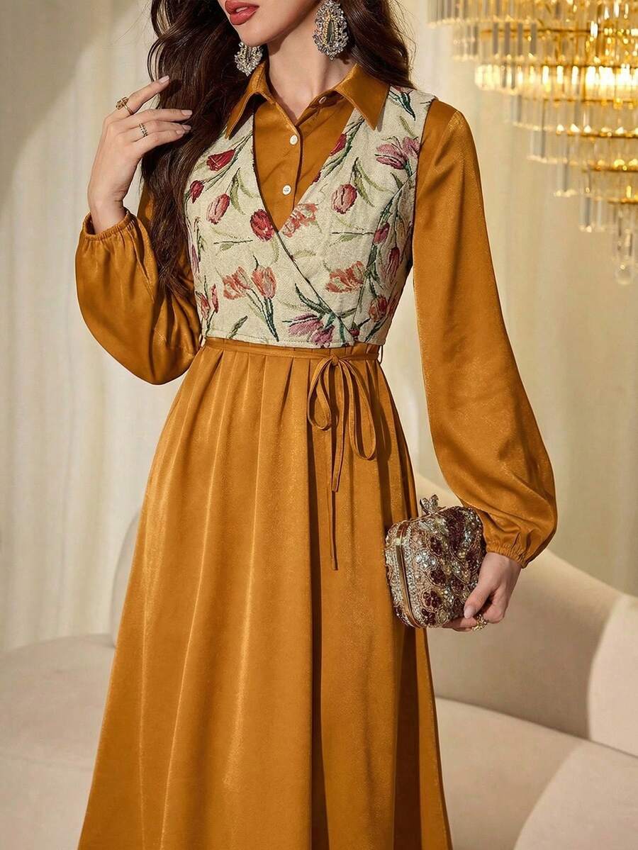 Modelyn 女士杏色提花无袖系带优雅吊带背心和黄色编织长袖褶裥A字优雅连衣裙两件套，春夏款 - 黃色 - 查看 1