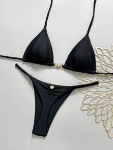 Swim Mod Women's Black Metal Decor V-Neck Halter Backless Triangle Bikini Set, Thong Swimwear,Elegant Summer Beach Holiday,Solid Color String Swimwears - Black - View 1