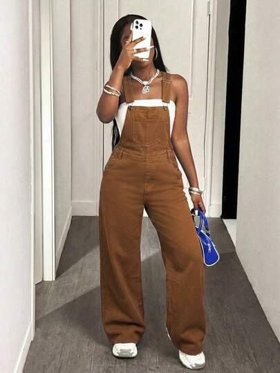 Slaydiva Women's Loose Solid Color Slant Pocket Casual Denim Bib Pants