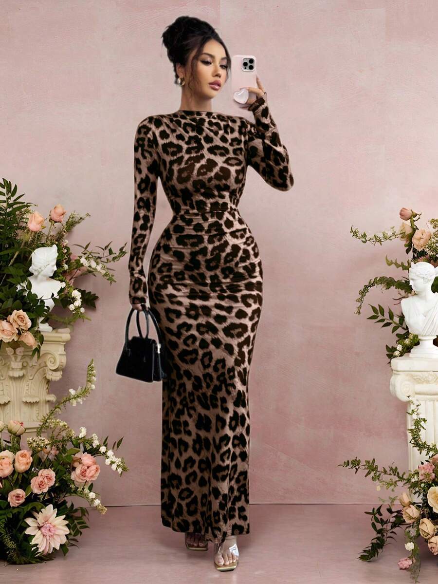SHEIN Raffinéa Women's Ruched Leopard Print Long Sleeve Bodycon Dress, Commuter Fashion For Autumn/Winter - Brown - View 1