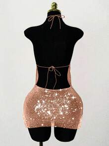 Jeanoix 女士水钻露背超短连衣裙，适合节日派对和聚会 - 藕粉色 - 查看 2