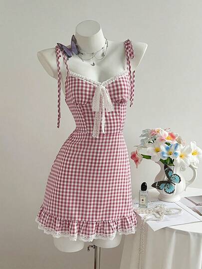 Elamini 2026 Spring/Summer New Romantic Plaid Camisole Dress, French Chic Floral Lace Patchwork A-Line Skirt