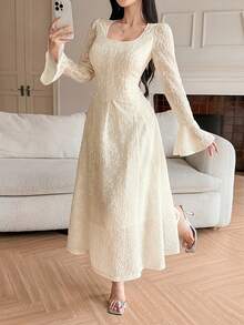 DAZY 女士优雅花卉纹理泡泡袖中长连衣裙，春夏婚礼宾客礼服 - 杏色 - 查看 4