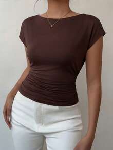 Aloruh 女士时尚性感度假风链条装饰露背蝙蝠袖褶皱T恤，适合夏季海滩度假、波西米亚热带音乐会、锐舞派对、乡村音乐会、伊比沙岛、纳什维尔等西部风格场合穿着。 - 咖啡棕 - 查看 6