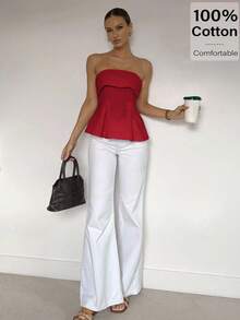 Siren Gaze 亚麻棉抹胸：凸显腰线的波西米亚风职场装 | Old Money Elegance 2025 夏季新品发布 | 日夜过渡 & 职场风格 红色露肩上衣 露肩荷叶边上衣 女士荷叶边上衣 女士红色上衣 女士露肩上衣，优雅女士衬衫 - 玫瑰紅 - 查看 2