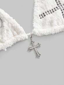 ROMWE Avant Y2K Autumn/Winter Furry Sexy Cross Studded Embroidered Rhinestone Bikini Camisole - White - View 4