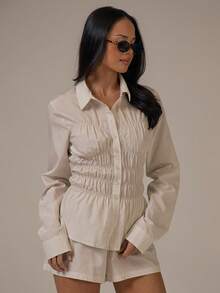 MUSERA Áo sơ mi dài tay nhún eo, kiểu dáng dễ thương, ấm áp, phong cách đồng quê, thích hợp cho mùa xuân hè, mang hơi thở mùa xuân, trang phục lễ Phục sinh. - Xám - Xem 1