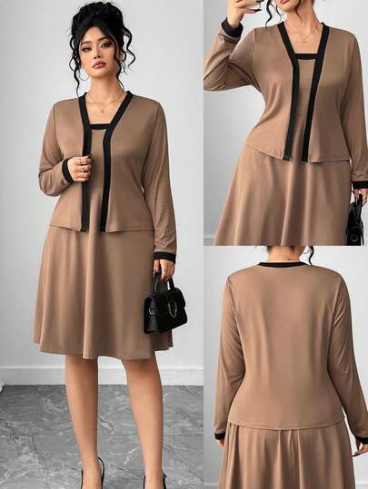 Elenzga 大码女士优雅通勤时尚无肩带连衣裙配长袖外套两件套