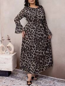 Modelyn Đầm dáng chữ A dài tay cổ tròn họa tiết da báo thanh lịch, cỡ lớn, phù hợp cho mùa xuân và mùa thu. - Nhiều màu - Xem 7