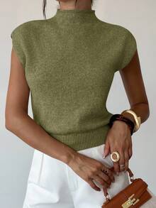 Firerie 优雅高领宽松休闲百搭无袖针织背心，适合外出穿着，秋冬季校园上衣 - 綠色 - 查看 6