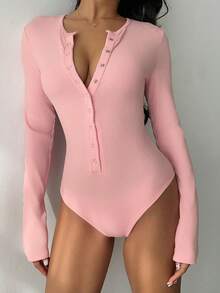FavEase Women's Autumn/Winter Comfortable Fitted Metal Button Ribbed Knit Bodysuit - Pink - View 5