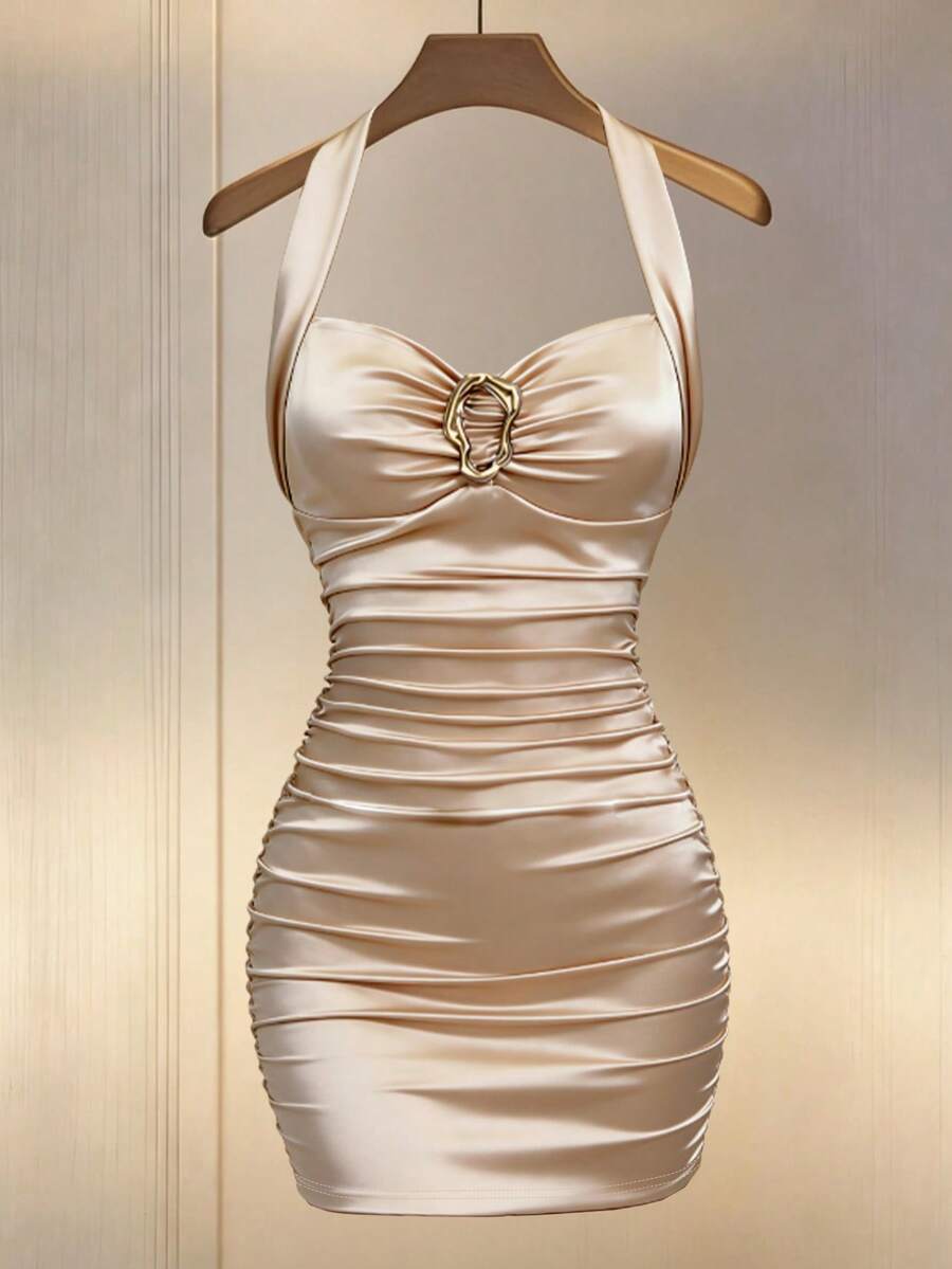 Franclia Women's New Halter Neck Front Button Decor Pleated Fitted Short Dress Satin Dress Champagne Dress Sexy Dress Ruched Dress Halter Dress, Bodycon Dress,Suitable For Wedding,Birthday,Birthday Dress,Going Out, Elegant, Elegant Dresses For Women,Vacation,Casual,Y2k,Graduation Season Attire, Fashionable Casual Commuter Wear - Champagne - View 1