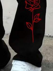 Manfinity Dauomo 秋季休闲装，街头男士长裤，英文字母和星星图案设计，百搭休闲、户外、运动、骑行、时尚、滑板风格，经典黑色长裤 - 黑色 - 查看 3